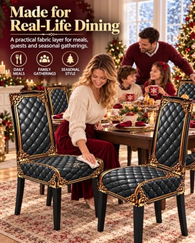 Washable Baroque Gilded Print Dining Chair Cover - Stretch Fit, Set of 4