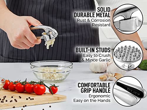 Zulay Kitchen Premium Garlic Press Set - Rust Proof & Dishwasher Safe Professional Garlic Mincer Tool - Easy-Squeeze, Easy-Clean with Soft, Ergonomic Handle - Silicone Garlic Peeler & Brush (Chrome)