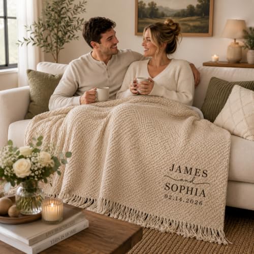 Personalized Wedding Blanket for Couples Custom Names & Date Woven Throw with Fringe