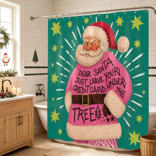Pink Christmas Shower Curtain Set with 12 Hooks - 72x72 Inch, Teal Santa Quote