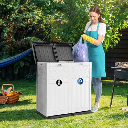 76 Gallon Dual-Can Trash Bin with Weather-Resistant Resin - Grayish-White