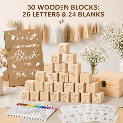 Baby Shower Decor Blocks Set with 50 Wooden Blocks & Markers - Classic
