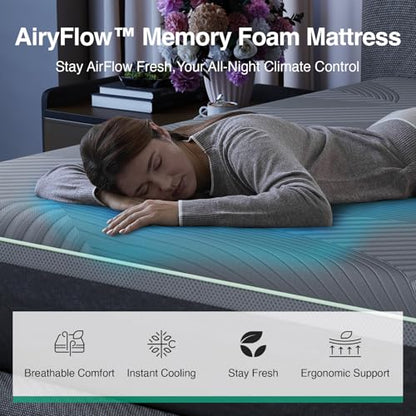 Novilla AiryFlow King Size Mattress 14 Inch, Gel Memory Foam Mattress King for Cool Night & Spinal Alignment, Pressure Relief & Motion Isolation, Green Tea-Infused, CertiPUR-US Certified, Medium Firm
