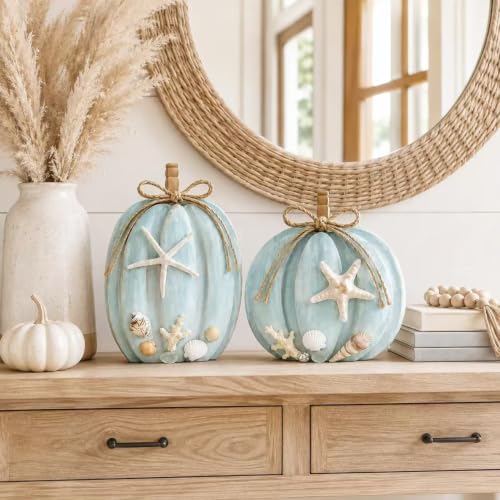 2-Pack Coastal Wooden Pumpkin Decor with Starfish & Shell Accents, 6.69 & 5.91 Inches