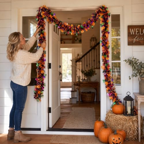 Halloween Metallic Tinsel Twist Garland - Orange and Purple Pumpkin Bat Spider Decorations - 50FT Indoor Outdoor Party Streamers - Halloween