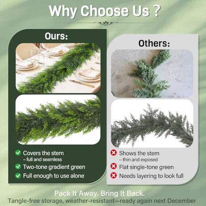 2 Pack 6ft Real-Touch Cedar Garland - Artificial Greenery for Mantel, Indoor/Outdoor