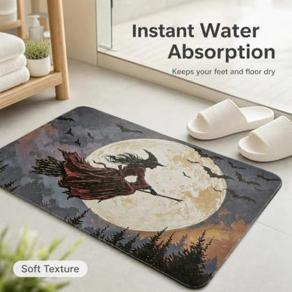 Purple Witch Bath Mat - Vintage Full Moon Bat Halloween Bathroom Rug