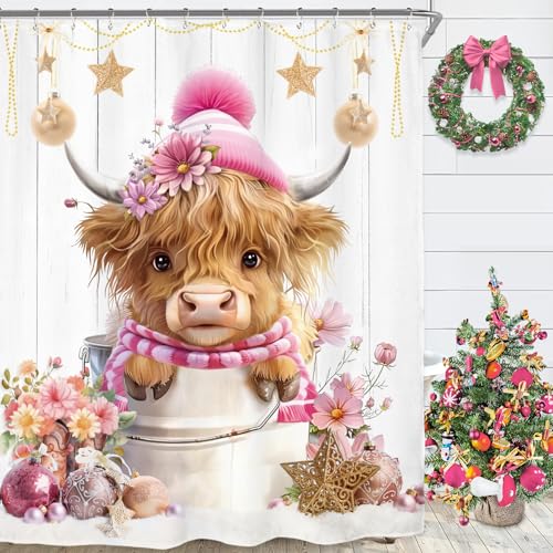 Christmas Highland Cow Shower Curtain Set Pink 72x72 Inches with Hooks - Merry Xmas Farmhouse Bathroom Decor
