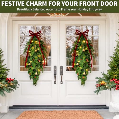 Lighted Christmas Teardrop Swag Set with Norfolk Pine Look - 2-Pack