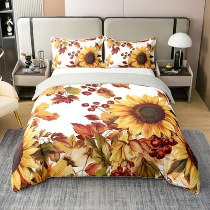 Feelyou Sunflower Duvet Cover Set - 100% Cotton King Size White Yellow & Red Orange Bedding with Zipper Closure