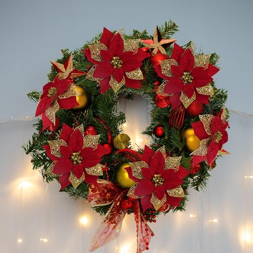 Childom 12 pcs Glitter Poinsettia Flowers for Christmas Decorations - Dark Red & Gold, 8.7 Inch