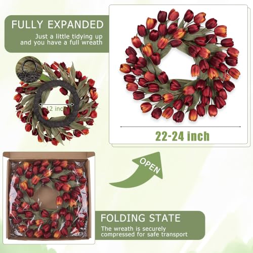 Wine Red Tulip Fall Wreath 24-Inch Front Door Decor - Fade-Resistant