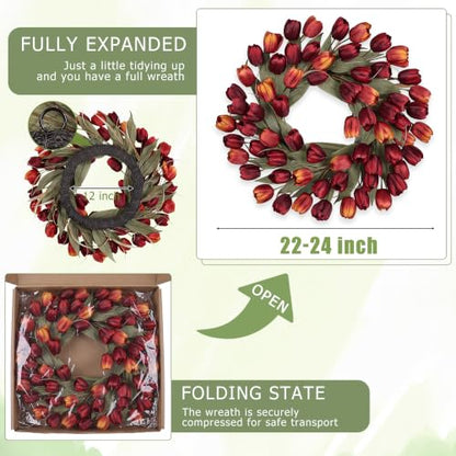 Wine Red Tulip Fall Wreath 24-Inch Front Door Decor - Fade-Resistant