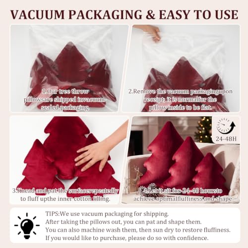 Peryiter Burgundy Red Velvet Christmas Tree Throw Pillows Set - 16 Inches