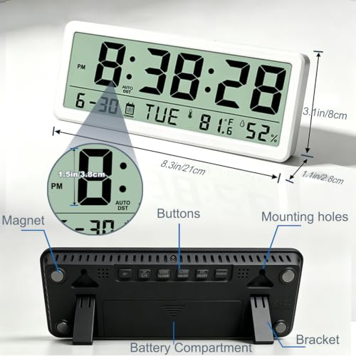 White Magnetic Digital Clock with Seconds 8.5 Inch LCD Alarm for Fridge