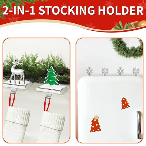 Silver Metal Christmas Stocking Holders Set of 4 - Heavy Duty Snowflake Mantle Decor