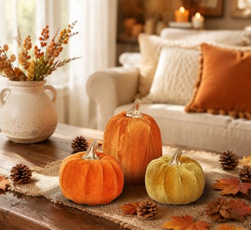 Artificial Mini Velvet Pumpkins Fall Decor - Orange Series Set of 3