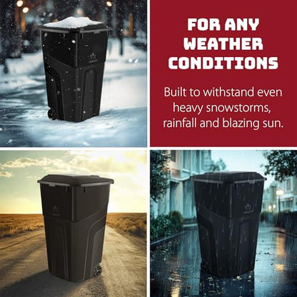 Outdoor Garbage Can with Lid - Black, 32 Gallon Wheeled Trash Bin
