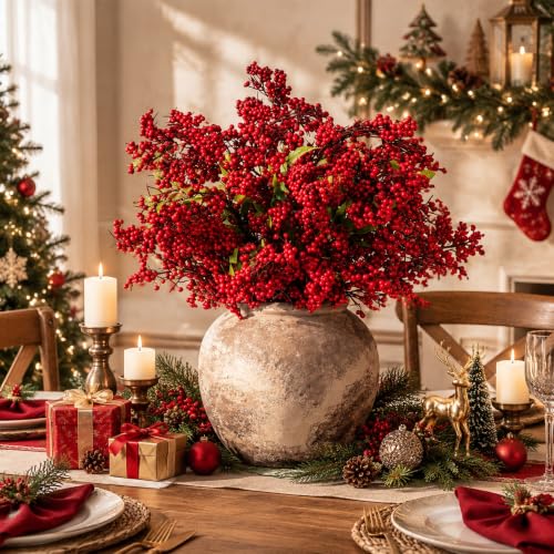 12 Pcs Christmas Artificial Red Berry Stems - Holly Berry Branches, 18 Inches - Variation of Red Berry