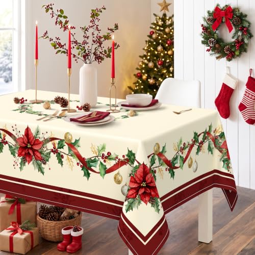 Christmas Poinsettia Rectangular Tablecloth 60x84 Inch Waterproof & Wrinkle-Resistant