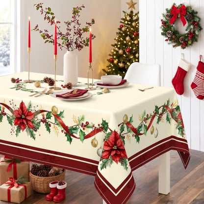 Christmas Poinsettia Rectangular Tablecloth 60x84 Inch Waterproof & Wrinkle-Resistant