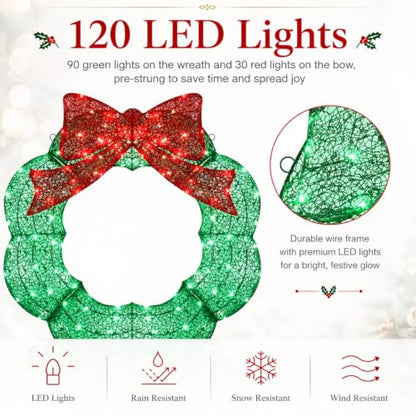 24 Inch Pre-lit Christmas Wreath Outdoor Metal with Red & Green LED Lights - Baquler
