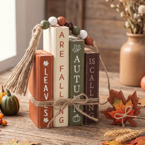 Rustic Maple Leaf Fall Wood Book Stack Table Decorations - Novabright 7 Pcs