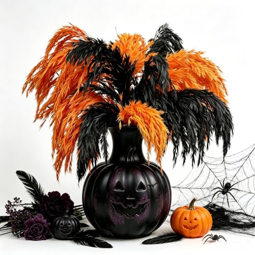 Halloween Black and Orange Pampas Grass for Fall Decor - 17 Inches