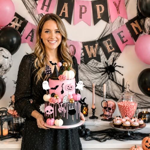 Pink Pumpkin Halloween Cake Topper Set with Hat, Flowers & Bats - 30PCS, Variation: Pumpkin