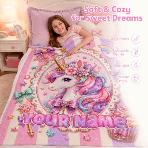 Girls Unicorn Blanket - Custom Gold Kids Throw Blanket - Soft Flannel