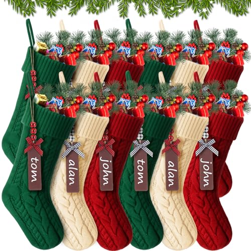 Christmas Stockings Set 12 with Wooden Name Tags Cable Knitted Design - Red, Green & White