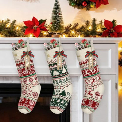 Knit Christmas Stockings Set with Holders & Xmas Patterns - 3 Pack, 18 Inch, Red & Green