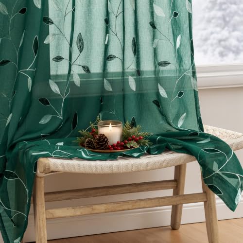 MIULEE Christmas Hunter Green Sheer Curtains Leaf Patterned 52"W x 96"L, Pack of 2