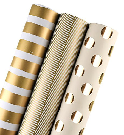Gold Wrapping Paper Roll - 30 Inch x 120 Inch Gift Wrap for Christmas, Birthday & Holidays - Set of 3 - Elegant Metallic Finish
