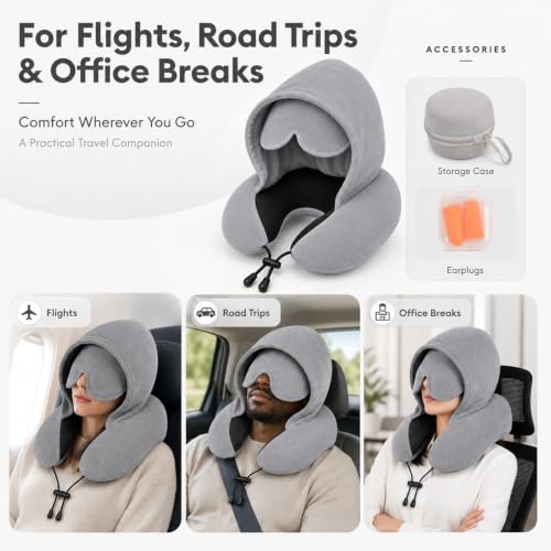 Gray Travel Neck Pillow with Hood and Eye Mask - Memory Foam Support