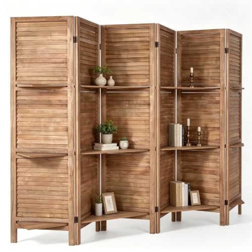 6 Panel Room Divider with Shelves - 67" H Brown, 360° Hinges, Freestanding Privacy Screen - Variation: Brown 6 Panel
