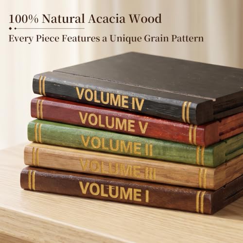 Acacia Wood Drink Coasters with Holder - Set of 5 for Coffee Table & Bar Decor