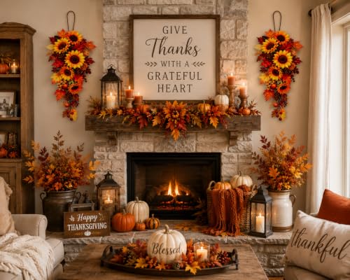 Set of 2 Fall Sunflower Metal Swags for Indoor Outdoor Decor 22" x 10"