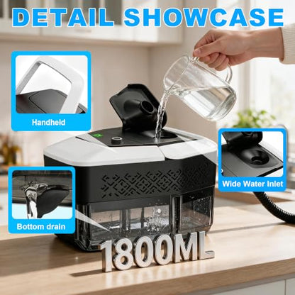 Handheld Steam Cleaner with 1.8L Tank, 15s Heat-Up, 60 Min Runtime for Home & Car Cleaning