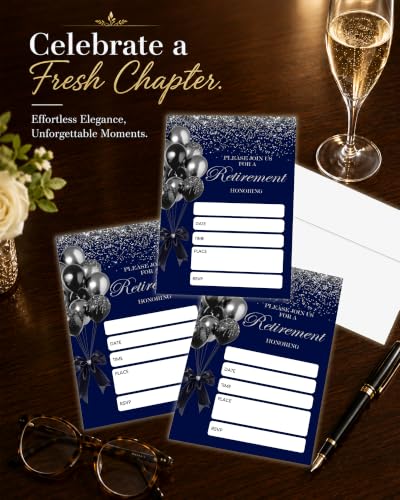 Navy Blue Retirement Party Invitations Set with Envelopes - 25 pcs
