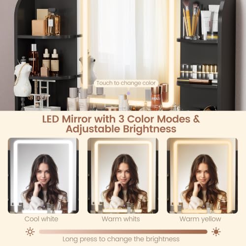 Vanity Desk with LED Mirror and 3-Color Lighting – 35.4" Bedroom Vanity Set with 2 Drawers & Open Shelves, Black
