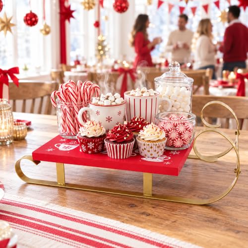 Christmas Hot Cocoa Wood Tray Holder - Red Sleigh Design for Holiday Decor