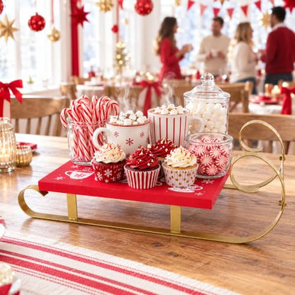 Christmas Hot Cocoa Wood Tray Holder - Red Sleigh Design for Holiday Decor