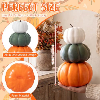 Marsui Fall Decor 2-Set Stacked Pumpkins with White, Green, Orange - 11.8"