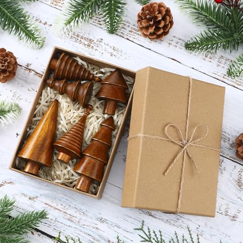 Mini Wooden Christmas Trees Set - Farmhouse Decor, Brown, 6 Pcs