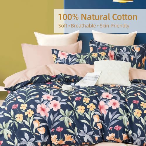 Blue Botanical Floral Cotton Duvet Cover Set 3 Piece King Size