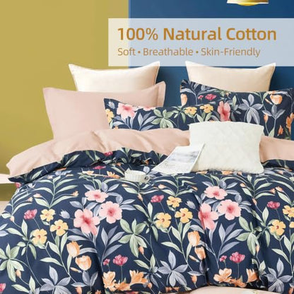 Blue Botanical Floral Cotton Duvet Cover Set 3 Piece King Size