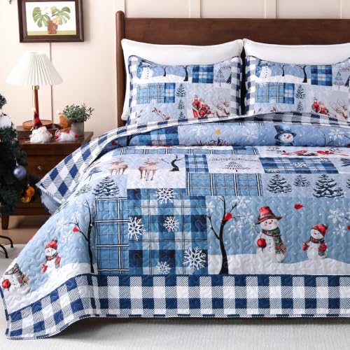 King Size Christmas Quilt Set Blue Buffalo Plaid Bedding with Pillowcases - Seasonal Home Decor