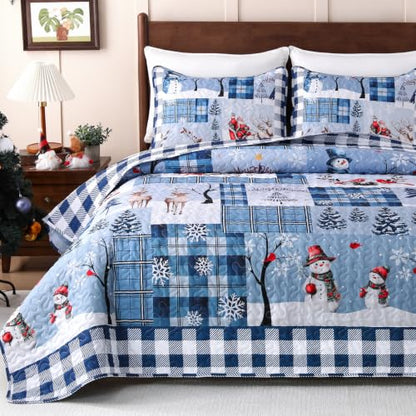 King Size Christmas Quilt Set Blue Buffalo Plaid Bedding with Pillowcases - Seasonal Home Decor