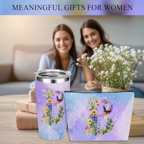 Personalized Monogram Gift Set with 20 oz Tumbler Makeup Bag and Pens for Women